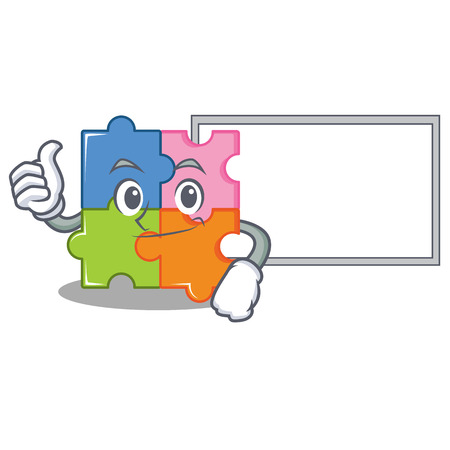 Thumbs up with board puzzle character cartoon style vector illustrationのイラスト素材