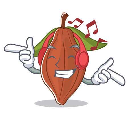 Listening music cacao bean mascot cartoon vector illustration.のイラスト素材
