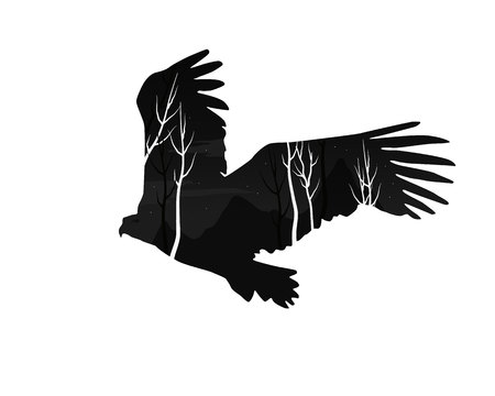 silhouette of an eagle with pine forest Vector illustration.のイラスト素材