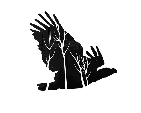 silhouette of an eagle with pine forest Vector illustration.のイラスト素材