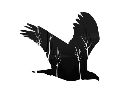 silhouette of an eagle with pine forest Vector illustration.のイラスト素材