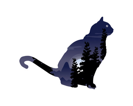 Silhouette of a cat with tree landscape insideのイラスト素材