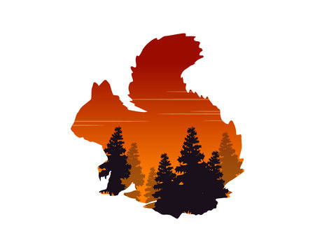 Silhouette of a squirrel with fir landscape illustrationのイラスト素材