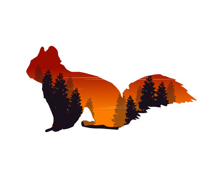 Silhouette of a squirrel with  fir landscape illustrationのイラスト素材