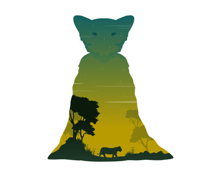 Silhouette of lioness on the hill landscape vector illustrationのイラスト素材