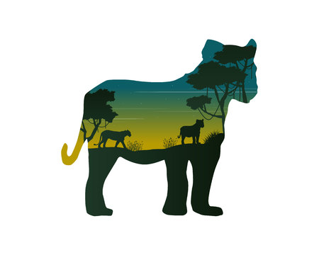 Silhouette of lioness on the hill landscape vector illustrationのイラスト素材