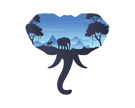 Silhouette of inside elephant on the hill landscape vector illustrationのイラスト素材