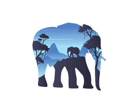 Silhouette of inside elephant on the hill landscape vector illustrationのイラスト素材