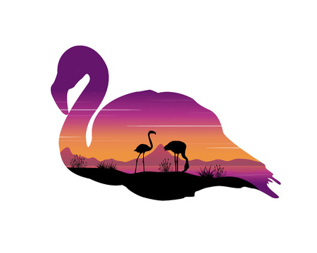 Scene with silhouette flamingo at sunset vector illustrationのイラスト素材