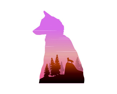 Silhouette of wolf at sunrise landscapeのイラスト素材