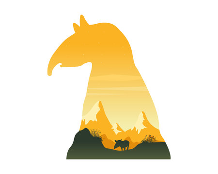 Silhouette of tapir on the hill at sunset landscape.のイラスト素材