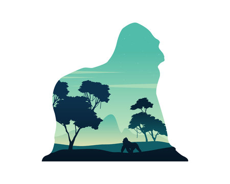 Silhouette of gorilla on the hill scenery illustration.のイラスト素材