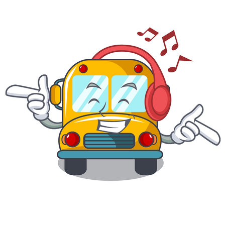 Listening music school bus mascot cartoon vector illustrationのイラスト素材