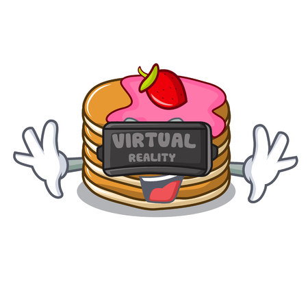 Virtual reality pancake with strawberry mascot cartoon vector illustrationのイラスト素材