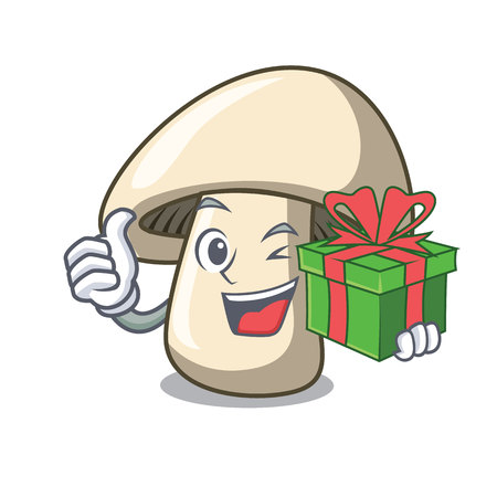 With gift champignon mushroom mascot cartoon vector illustrationのイラスト素材