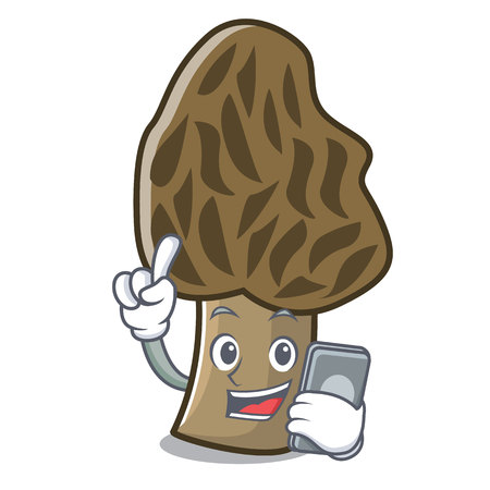 With phone morel mushroom character cartoon vector illustrationのイラスト素材