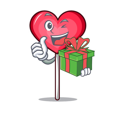 With gift heart lollipop mascot cartoon vector illustrationのイラスト素材