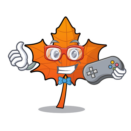 Gamer red maple leaf mascot cartoon vector illustrationのイラスト素材