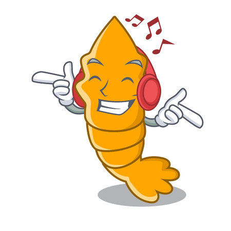 Listening music cooked shrimps isolated on mascot cartoon vector illustrationのイラスト素材