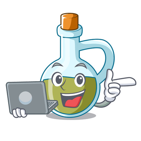 With laptop character olive oil in bottle wooden vector illustrationのイラスト素材