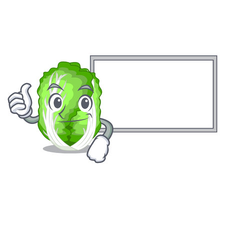 Thumbs up with board chinese cabbage in the basket cartoon vector illustrationのイラスト素材