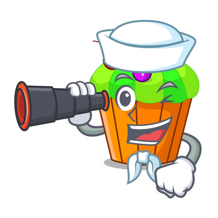 Sailor with binocular black currant cupcake isolated on mascot vector illustrationのイラスト素材