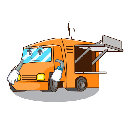 Waiting character food truck with awning beautiful vector illustrationのイラスト素材