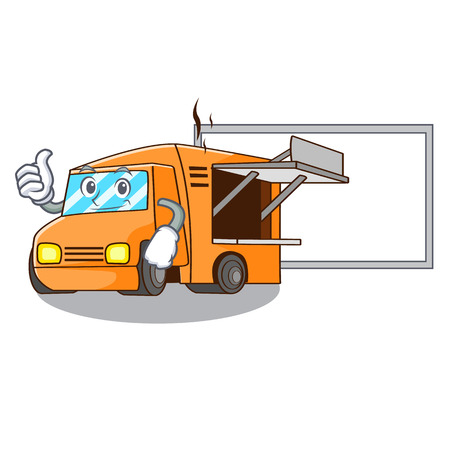 Thumbs up with board rendering cartoon of food truck shape vector illustrationのイラスト素材