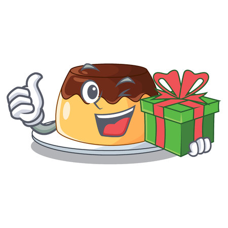 With gift caramel chocolate pudding on cartoon funny vector illustrationのイラスト素材