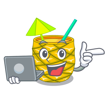 With laptop pineapple juice garnished with on cartoon vector illustrationのイラスト素材