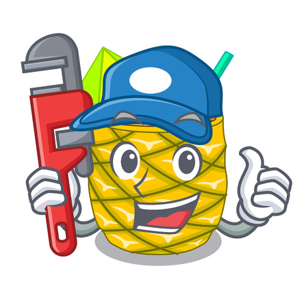 Plumber bottles pineapple juice on cartoon table vector illustrationのイラスト素材