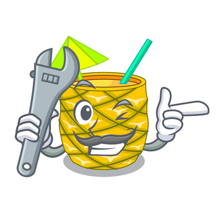Mechanic bottles pineapple juice on cartoon table vector illustrationのイラスト素材