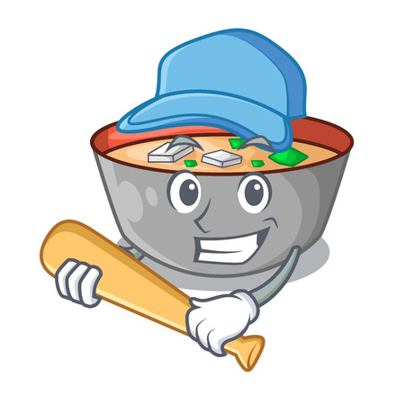 Playing baseball japanese miso soup in cartoon bowl vector illustrationのイラスト素材