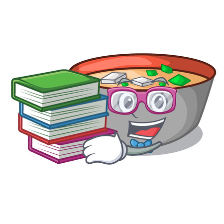Student with book delicious meal of miso soup cartoon vector illustrationのイラスト素材