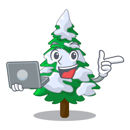 With laptop firs with snow of beautiful cartoon vector illustrationのイラスト素材
