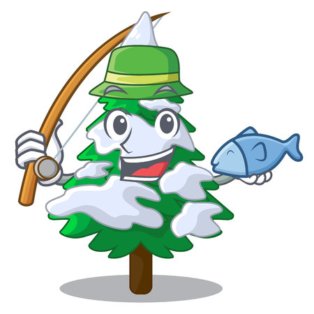 Fishing realistic fir tree in snow mascot vector illustrationのイラスト素材