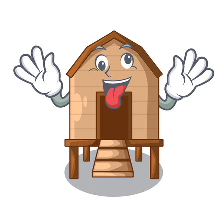 Crazy chicken in a wooden cartoon coop vector illustrationのイラスト素材