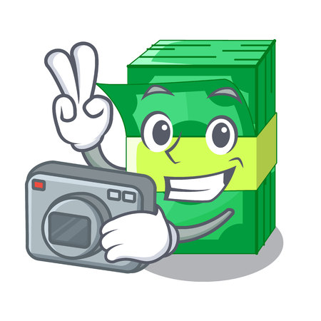 Photographer stacks money dollar on bank character vector illustrationのイラスト素材