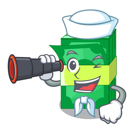 Sailor with binocular stacks money dollar on bank character vector illustrationのイラスト素材