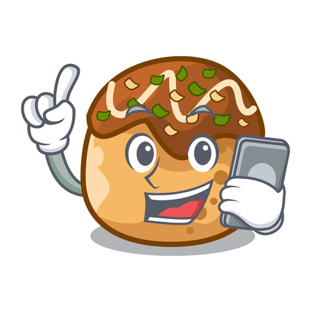 With phone cartoon cooking takoyaki in baked fire vector illustrationのイラスト素材