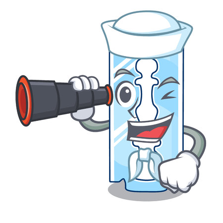 Sailor with binocular razor blade and border cartoon cyan vector illustrationのイラスト素材