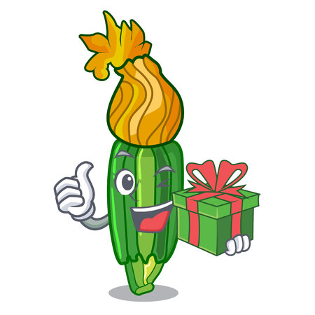 With gift flowers character on a zuchini funny vector illustrationのイラスト素材