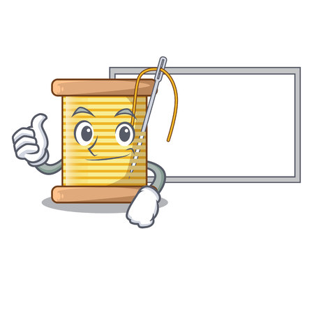 Thumbs up with board bobbin with needle thread spool cartoon vector illustrationのイラスト素材