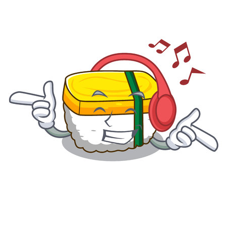 Listening music tamago sushi in a shape cartoon vector illustrationのイラスト素材