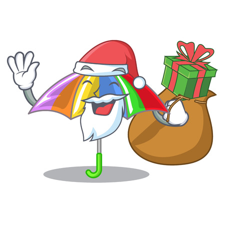 Santa with gift playing rain with umbrella rainbow cartoon vector illustrationのイラスト素材