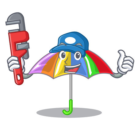 Plumber playing rain with umbrella rainbow cartoon vector illustrationのイラスト素材