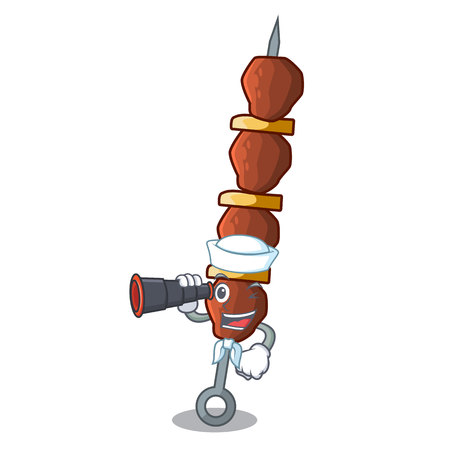Sailor with binocular chicken shish skewer barbecue with charcter vector illustrationのイラスト素材