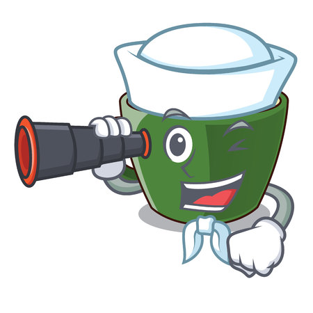 Sailor with binocular Indian masala tea in cartoon cup vector illustartionのイラスト素材