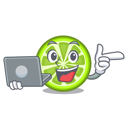 With laptop green lemon slices in cartoon glass vector illustrationのイラスト素材