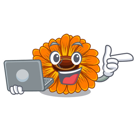 With laptop calendula flowers in the cartoon pots vector illustrationのイラスト素材